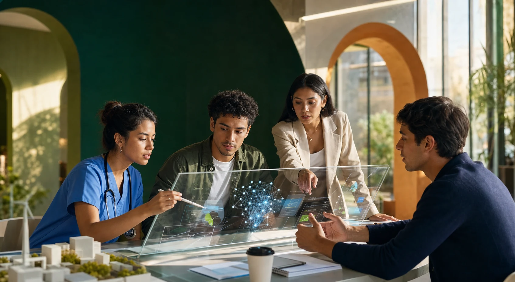 Profesionales jóvenes de medicina, ingeniería, negocios y derecho revisan información con apoyo de inteligencia artificial