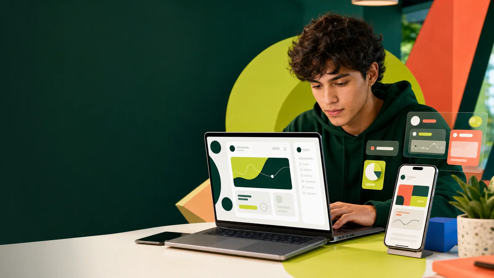 Joven emprendedor creando una aplicación y un producto digital
