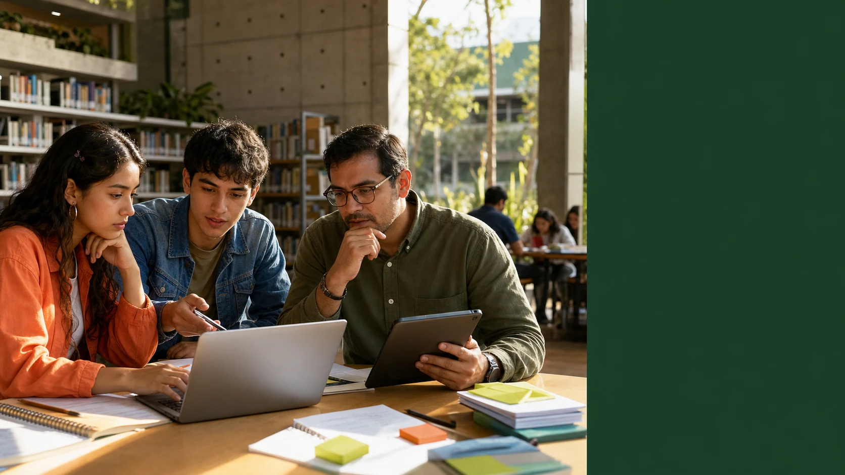 Dos estudiantes y un profesional comparan carreras y universidades usando un computador y una tableta